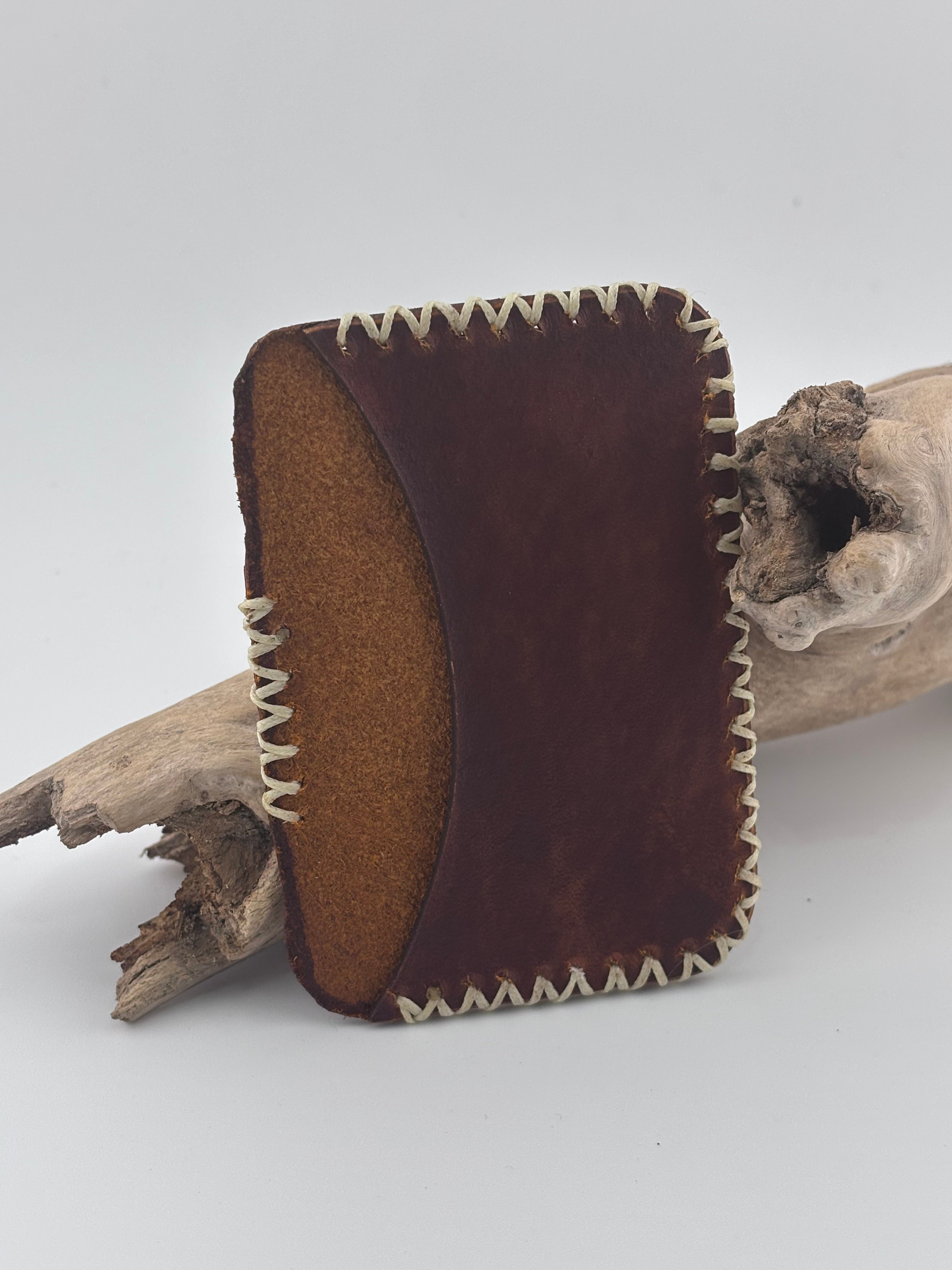 brown handmade leather front pocket minimalist wallet with whip stitch around perimeter 