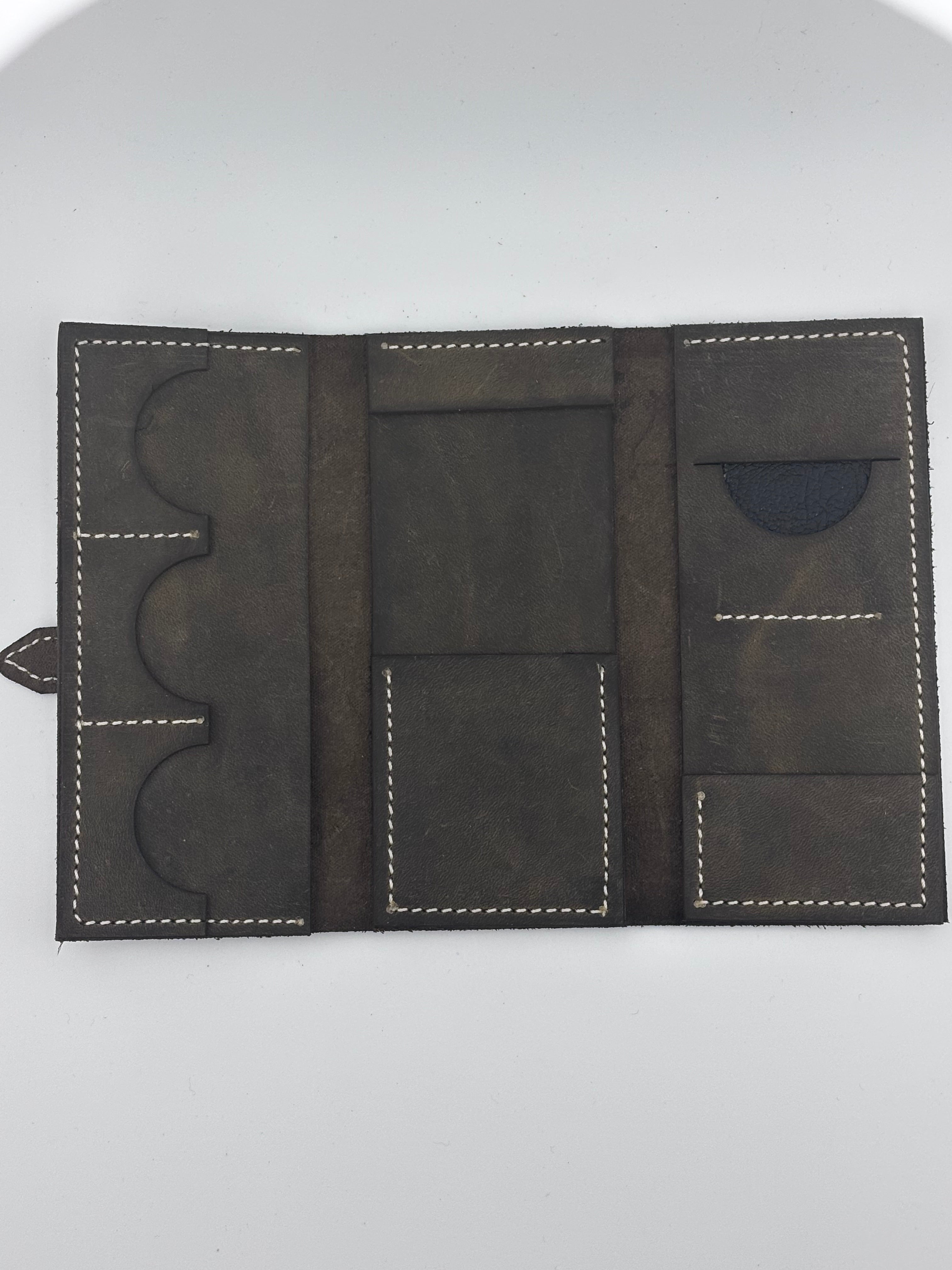 leather handmade dart wallet for transporting and storing darts, flights and shafts neatly in place